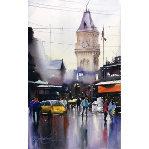 Sarfraz Musawir, Express Tower- Karachi,  09 x15 Inch, Watercolor on Paper, Cityscape Painting, AC-SAR-084
